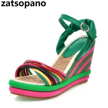 

Zatsopano 2019 Summer Sexy Bohemia Rainbow Peep Toe Platform Sandals For Womens Ladies Narrow Band Wedges Sandal Size 33-41