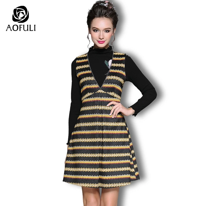 

AOFULI L- 3XL 4XL Women Yellow Sleeveless Dress Suit Two Pieces Women Set Knitwear Tops And Print Dress Autumn Outfit B6116