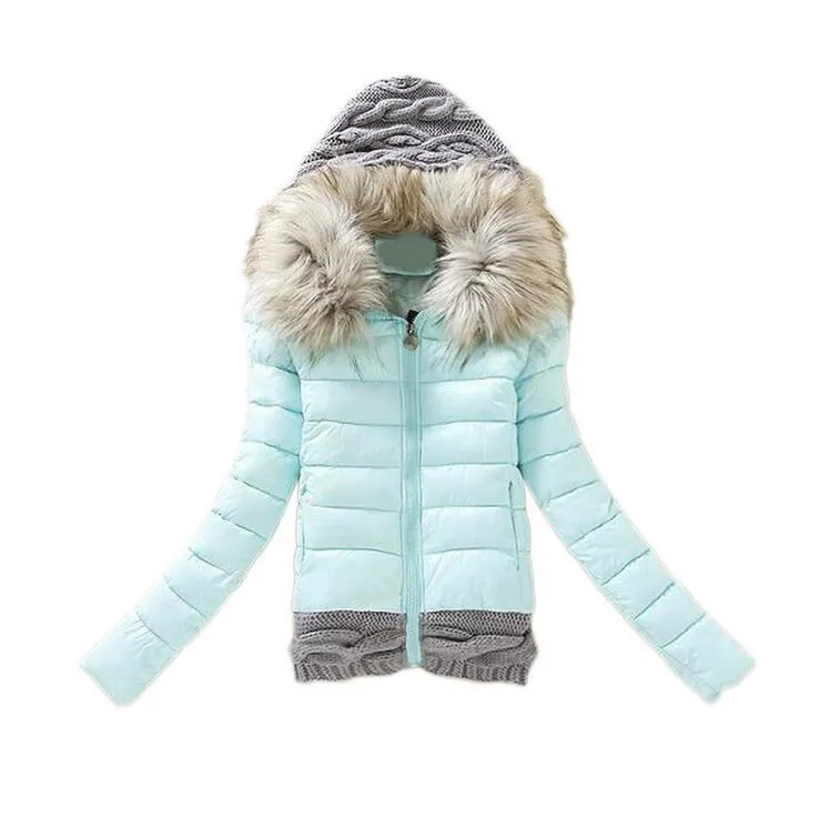 Autumn Winter Women Parka Coat Casual Padding Knit Hooded Short Jacket Slim Long Sleeve Patchwork Parka Outwear