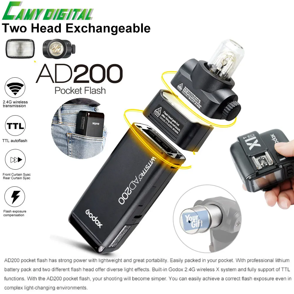 

Godox Pocket Outdoor Flash AD200 Convertible cap 2.4G Wireless 200WS TTL HSS 1/8000s sync+X1T-C/X1T-N/X1T-S/X1T-O/X1T-F Kit
