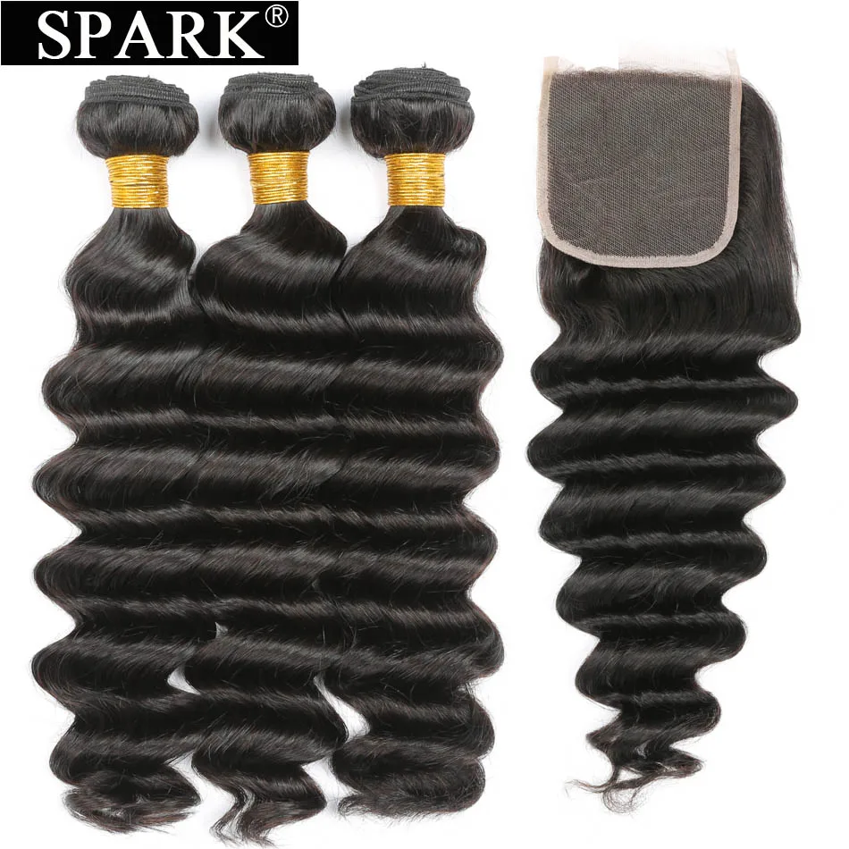 

Loose Deep Wave Bundles with Closure Malaysian Remy Hair 3/4 Bundles with Lace Closure Spark 100% Human Hair Weave 4x4 Free Part