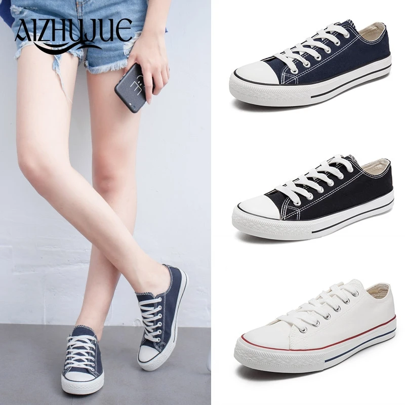 

Women Vulcanized Shoes 2018 Fashion Solid Color Black Bule Women Canvas Shoes Lace-up Casual White Ladies Shoes Woman Sneakers