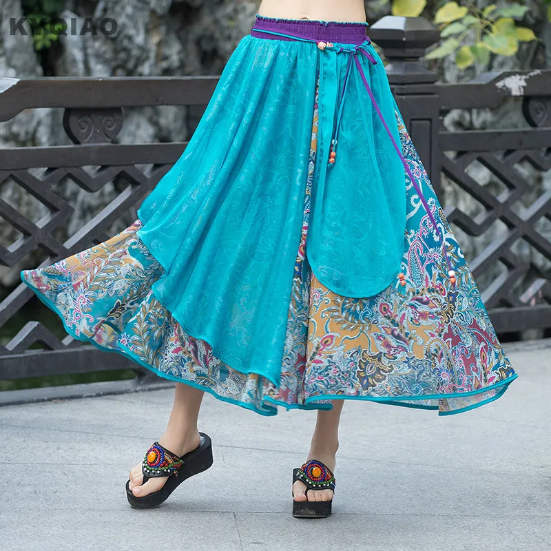

KYQIAO Bohemian skirt 2019 women autumn Spain style boho ethnic hippie long blue print patchwork asymmetric skirt maxiskirt
