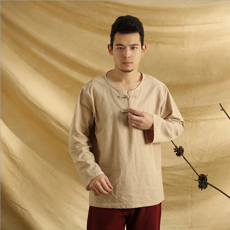 Летняя модная мужская рубашка в народном стиле в стиле ретро с круглым вырезом из хлопка и льна, мужская рубашка, мужская рубашка