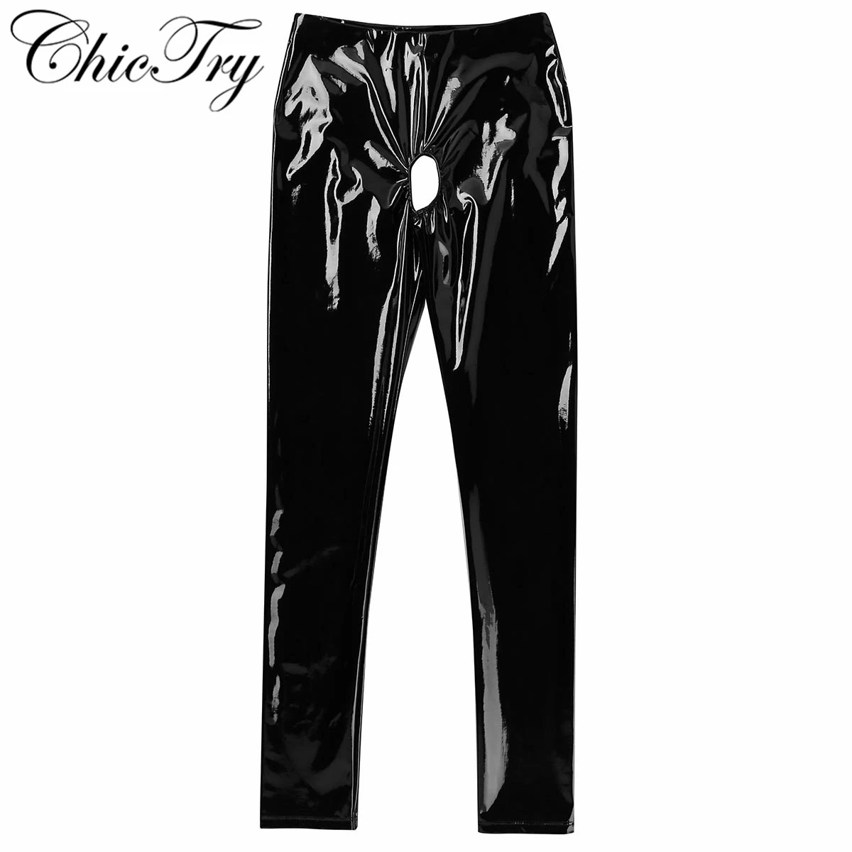 patent black trousers