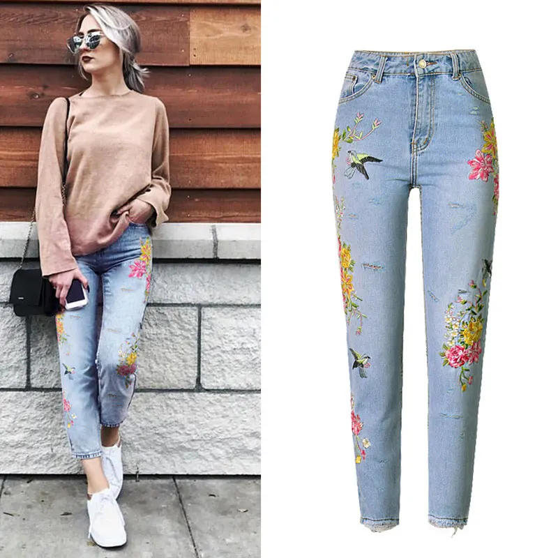 Женские рваные джинсы с цветочной вышивкой высокой талией на осень 2019|women jeans