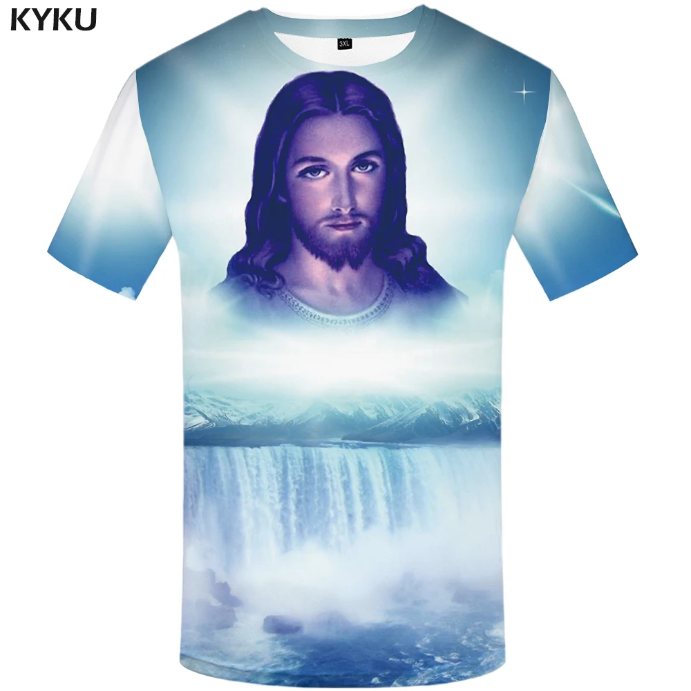 

KYKU Jesus T Shirt Women Character Tshirt Mountain 3d Print T-shirt Waterfall Gothic Womens Clothing Summer Style Streetwear New