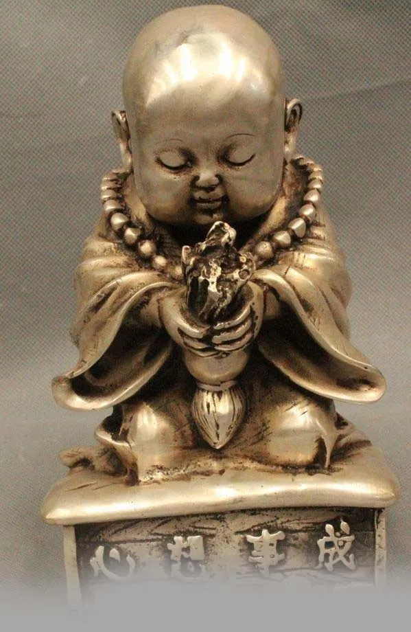 

9"China Chinese Folk Silver Bonze Thurification Wishing Boy Buddha Statue