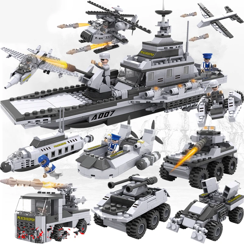 

743pcs 8 in 1 City Police Station Series Building Blocks fit Legoed Trucks Car Helicopter Boat Figures Swat Ship Navy Bricks Toy