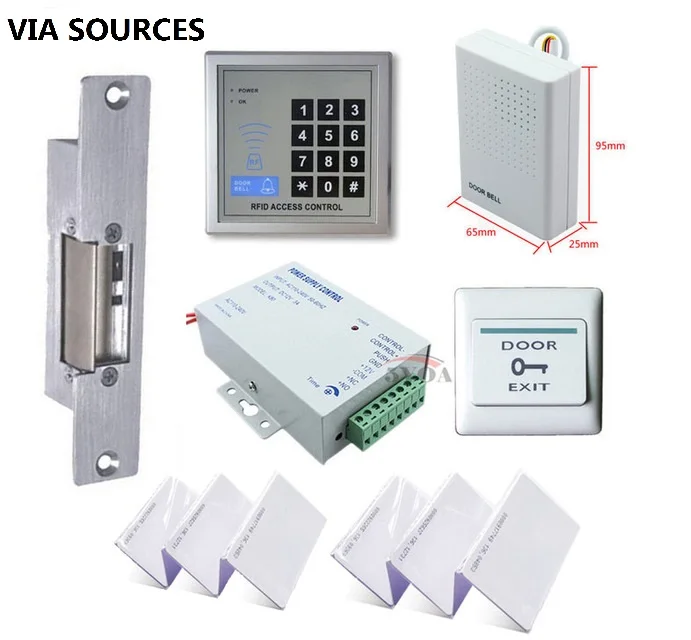 

Direct Factory RFID Access Control System Kit Set Strike Door Lock ID Card Keytab Power Exit Button Complete Security Kit