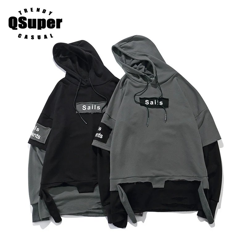 Qsuper черный N серые Модные поддельные из двух частей хлопковые толстовки с