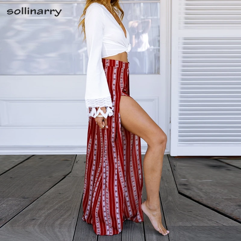 Sollinarry Bohemian Striped Women Wide Leg Pants Casual High Waist Beach Boho Female Trousers 2019 Summer Sexy Split Long Pants Sollinarry Bohemian Striped Women Wide Leg Pants Casual High Waist Beach Boho Female Trousers 2019 Summer Sexy Split Long Pants
