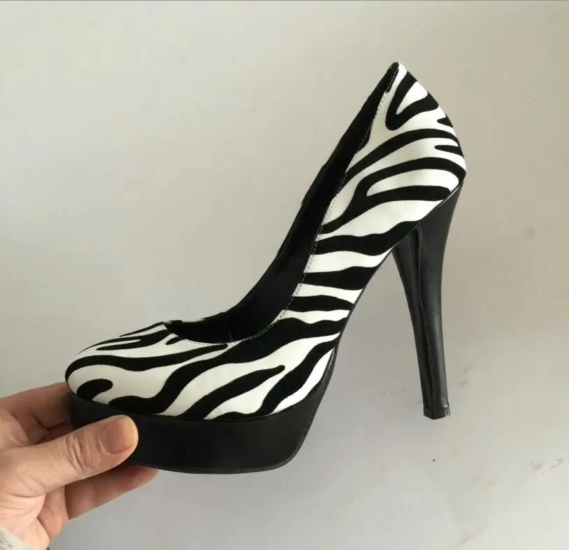 Black and White Zebra Fur Women Pump Slip ons Platform Round Toe Ladies