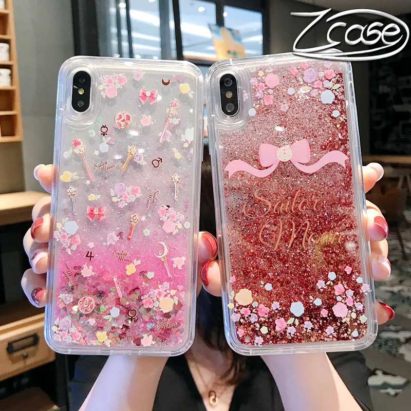 

For iPhone XS XR XS MAX Case For iPhone X 6 6S 7 8 Plus Cute Cartoon Sailor Moon Magic Stick Liquid quicksand TPU Phone Case