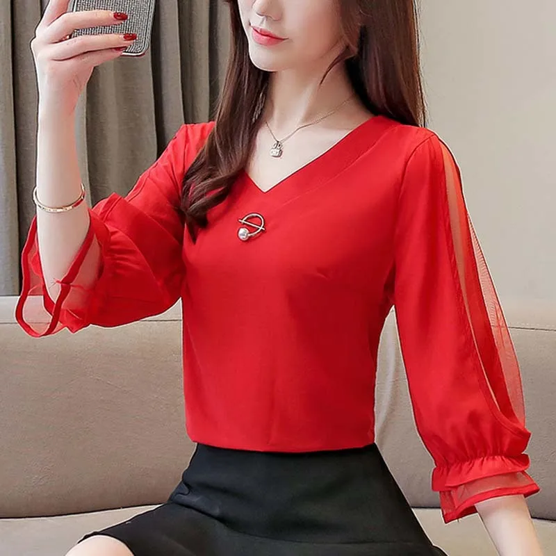 

Summer Blouse For Women Tops 2019 Womens Tops Anf Blouses Green Women Blouses Shirt Women V Collar Office Ladies Tops