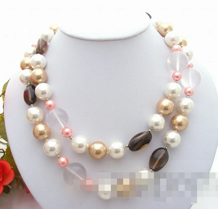 

FREE SHIPPING>>>@@ > 3144 Multi Color Sea Shell Pearl&Smoky Quartz&Rose Quartz Necklace