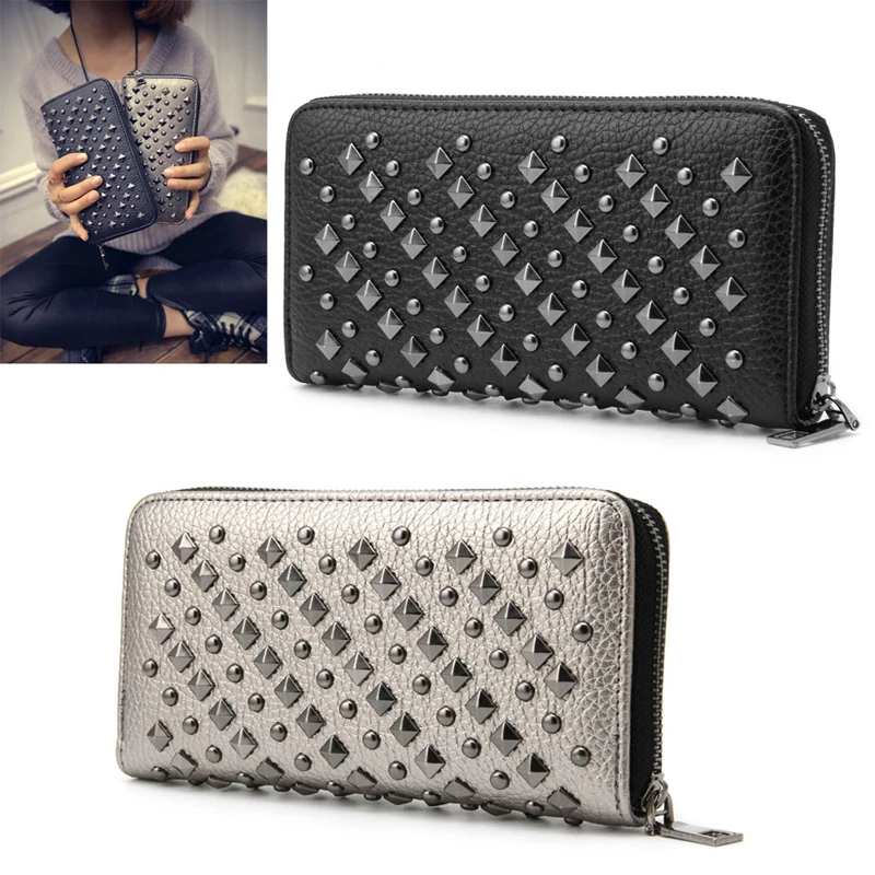 

THINKTHENDO Women Punk Rivet Leather Bifold Wallet Card Phone Holders Zip Purse Long Handbag