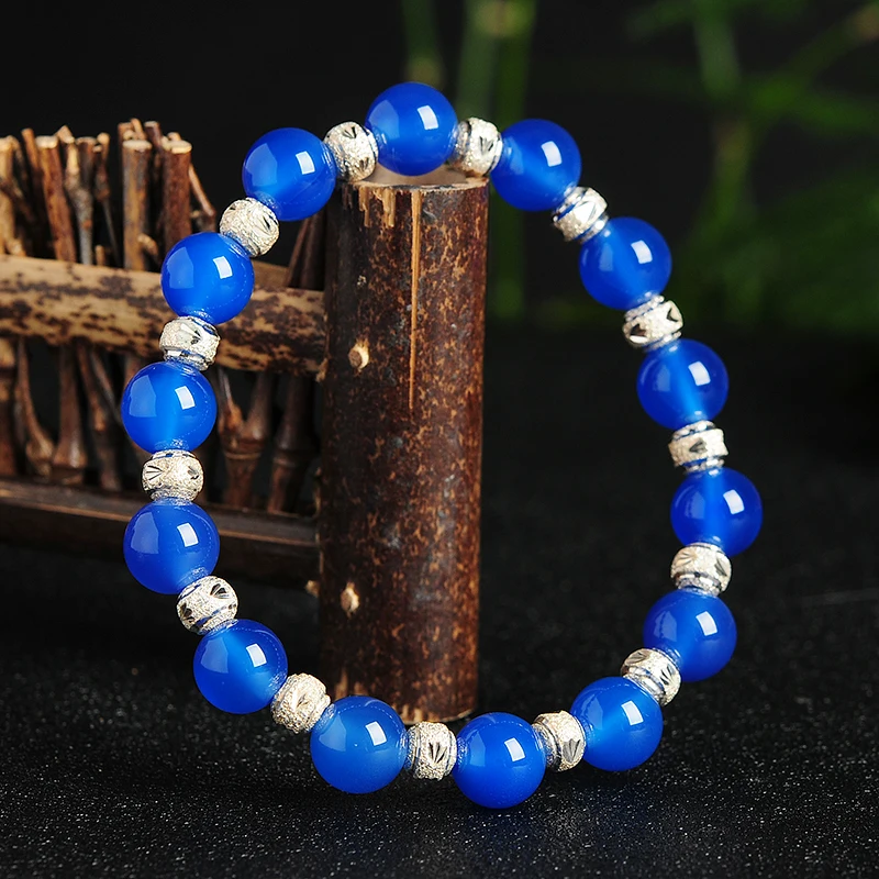 S925 Silver Natural Blue Beads Bracelet Lady's Elastic line | Украшения и аксессуары