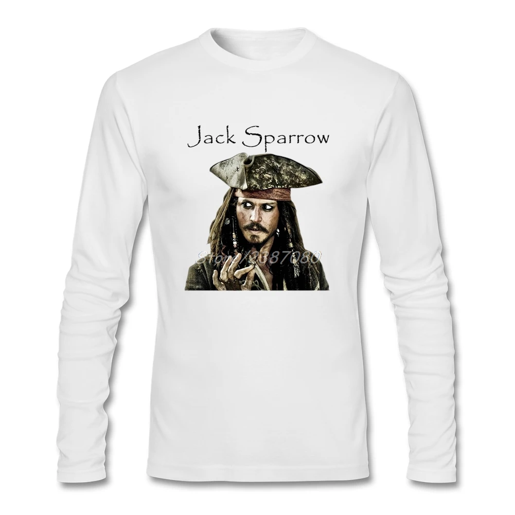 С изображением персонажа фильма «Пираты Карибского моря» 5 фильм Джека Воробья капитана футболки Топ брендовая одежда с длинными рукавами на заказ, с круглым вырезом, рубашка - Цвет: Белый