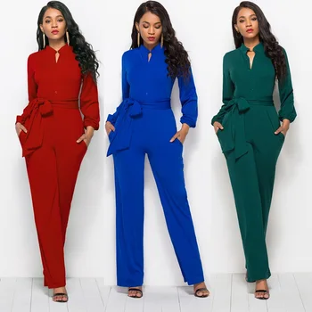 

2019 Fashion Solid color Jumpsuits Women Rompers Long sleeve O-collar Belt Tops Leisure Wide leg pants One piece Retro Clothes