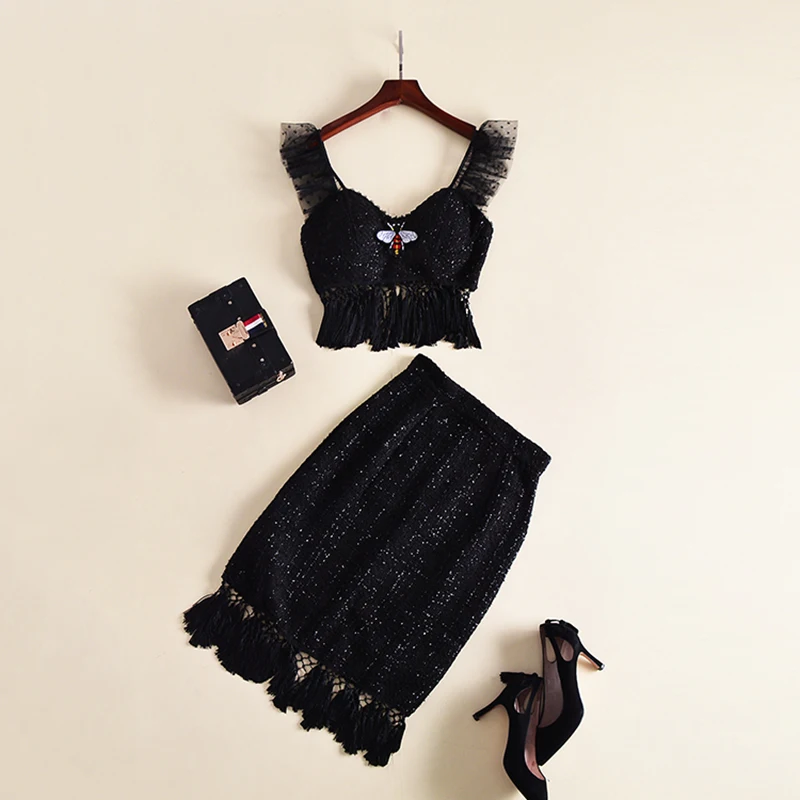 HIGH QUALITY New Fashion Runway 2018 Designer Suit Set Women's Knitting Patchwork Dot Top Skirt |