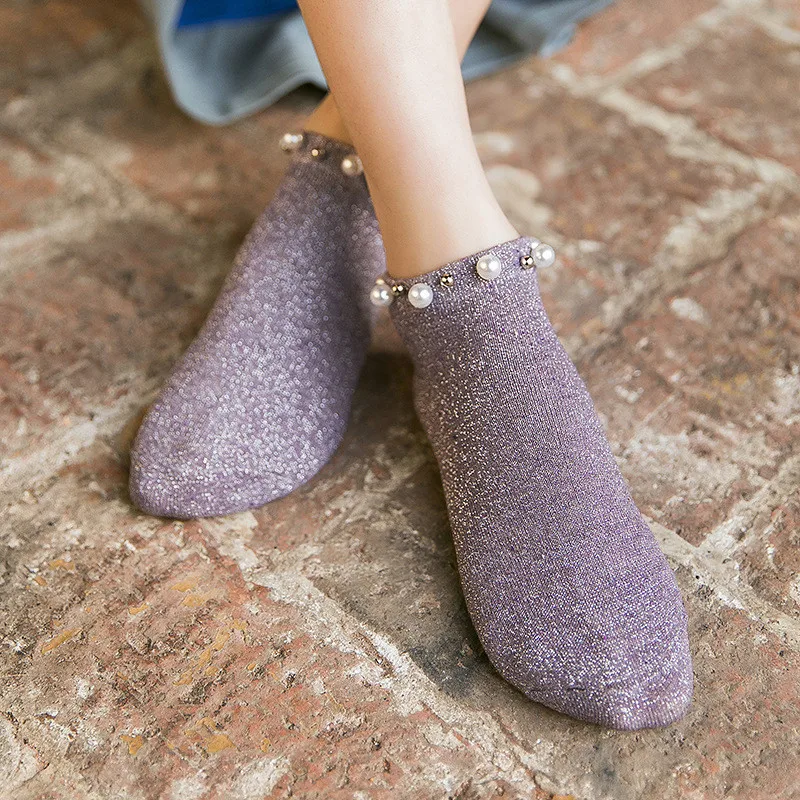 Ретро модные носки летний женский для девочек Женский блестящая жемчужина носки тонкие сетчатые заниженные носки из бисера дышащие