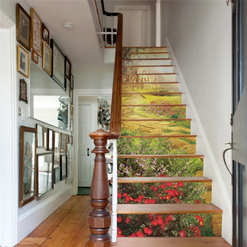 

13 Pieces/Set Creative DIY 3D Stairway Stickers Old Castle Pattern for House Stairs Decoration Large Staircase Wall Sticker
