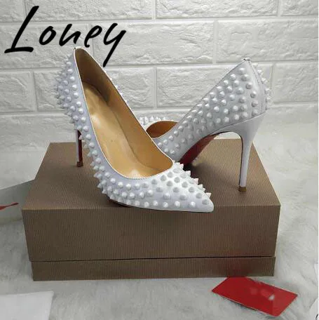 

Loney New Brand Designer Genuine Leather Sexy Pointed Toe Spikle HIgh Heels Slip On Thin HIgh Heel Pumps Wedding Shoes