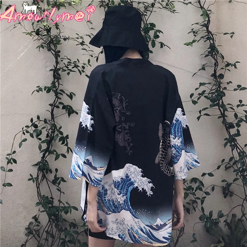 

2019 Summer Women Harajuku Blouse Japanese Digital Print Kimono Cardigan 3/4 Sleeve V-neck Loose Tops Sun Protection Shirts