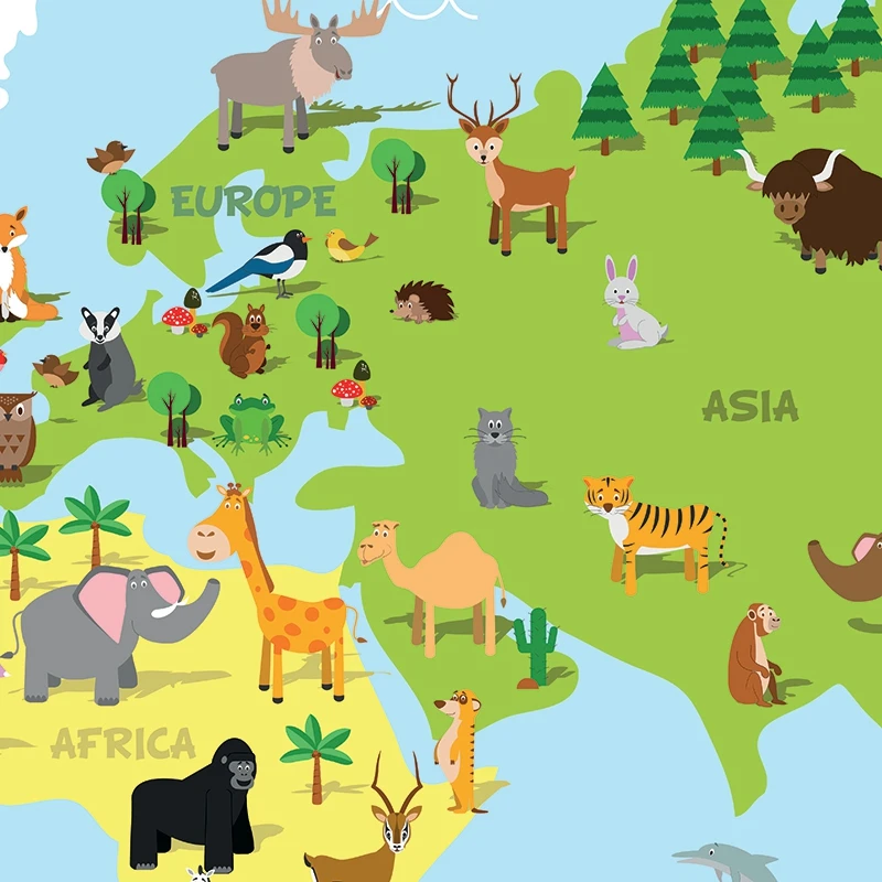 Funny cartoon world map with animals wall art prints detail picture