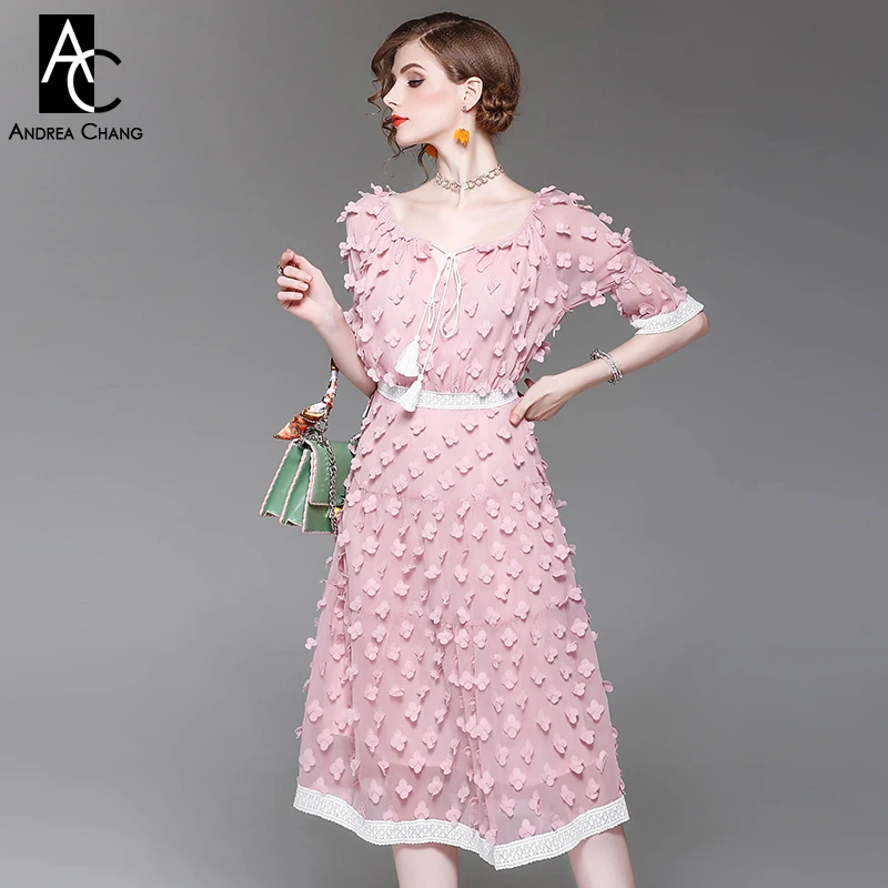 

spring summer woman dress 3d flower applique green pink dress white lace cuff waist bottom fashion high quality over knee dress