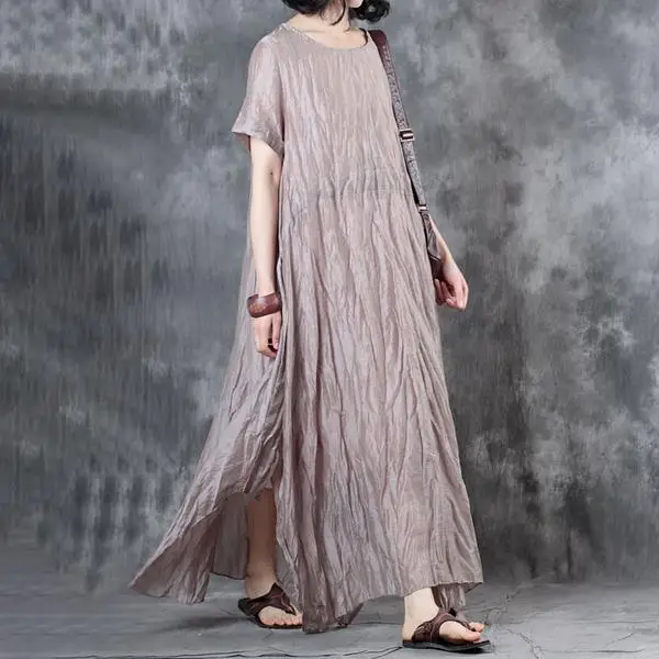 BUYKUD 2019 Women's Vintage Maxi Dresses Short Sleeve Loose Dress For Women Solid Beige Grey Cotton Linen Clothes Vestido (5)
