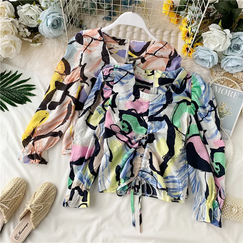 

Style and Fashion Style of 2019 V-neck Pulling-rope Short-style Shirts Short-style Loose Belly Navel Ocean-style Top