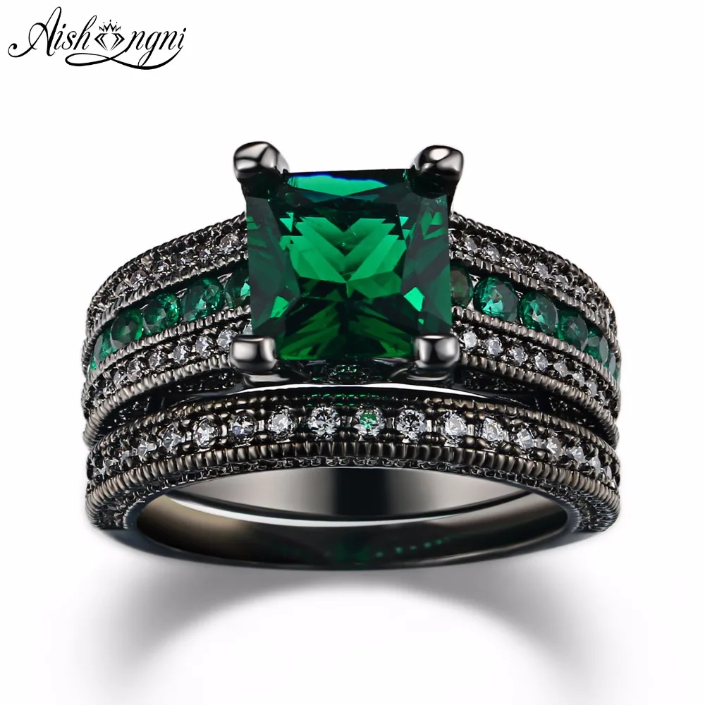 AAA+ Green Cubic Zirconia 2 Pieces CZ Ring Set Birthday Gift Jewelry
