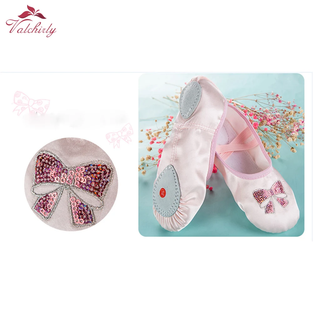 

Satin Ballet Shoes Kids Dance Flats Sequins Bows Decoration for girls