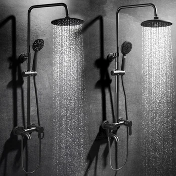 

Shower Faucets Black Brass Wall Mounted Bathtub Faucet 8" Round Rain Shower Head Hand Bathroom Mixer Valve Rainfall Sets