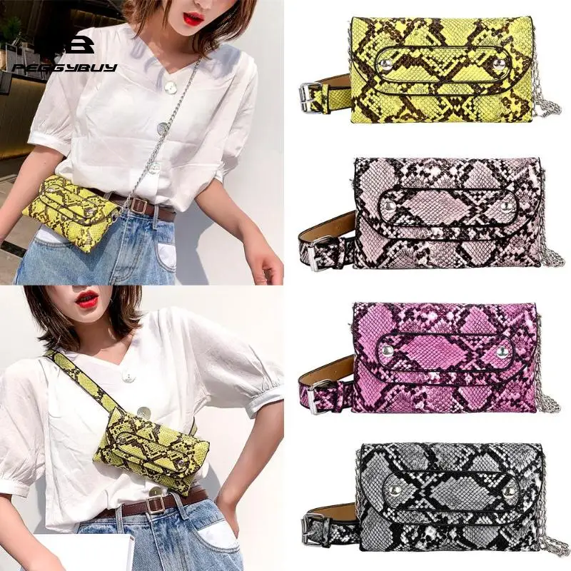 

Snake Print Chain Shoulder Messenger Handbags Women Waist Fanny Belt Packs PU Leather Crossbody Chest Bags Phone Money Pouch