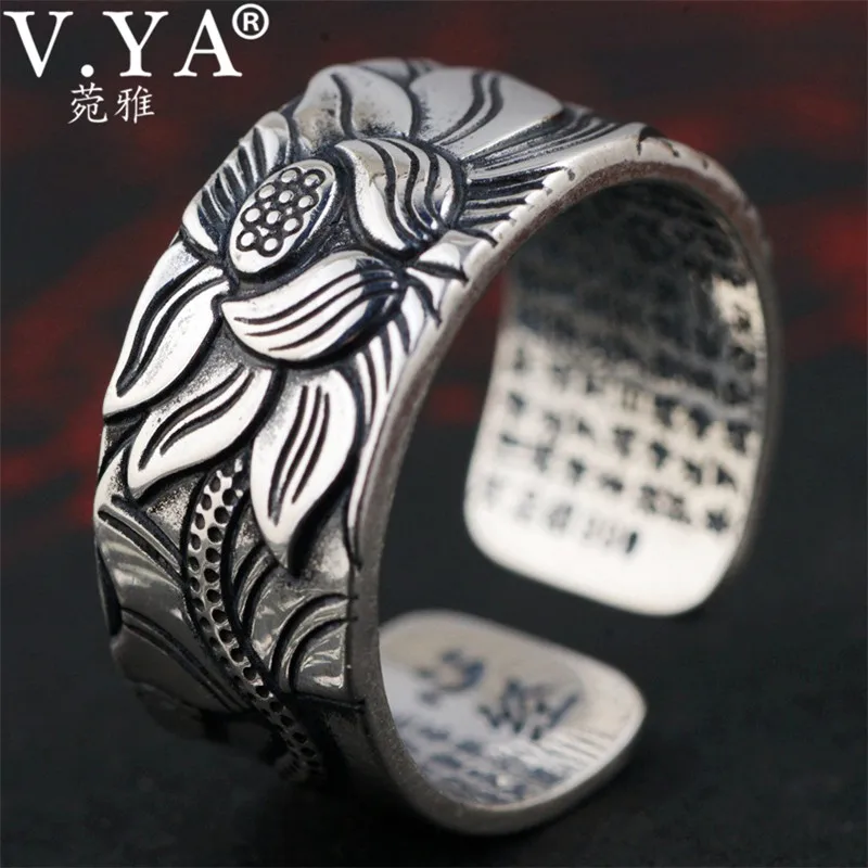 

V.YA Vintage Silver Men Ring Adjustable 999 Sterling Silver Rings for Male Mens Women Buddha Good Luck Thai Silver Jewelry