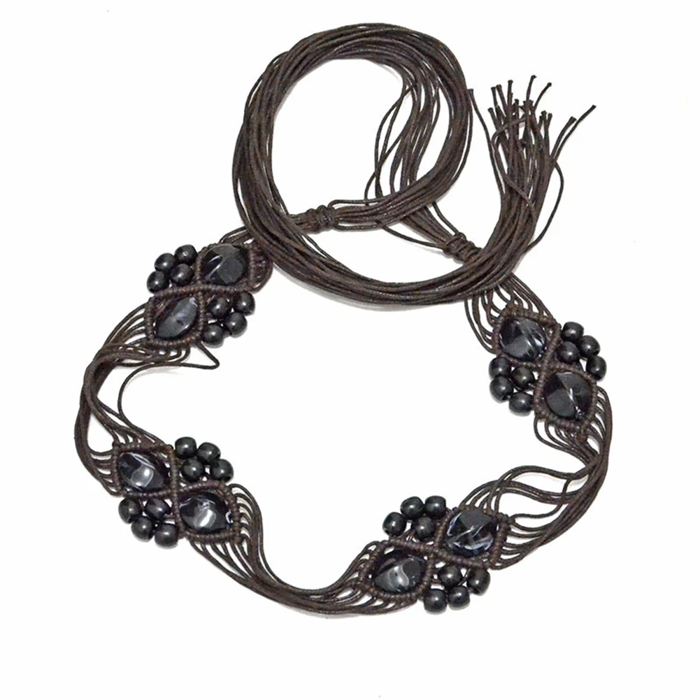 New Fashion Belt Strap Vintage Women Beads Faux Gemstone Braided Wide Waist Belt Strap Dress Waistband