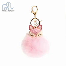 Lovely Fluffy Pompom Crystal Fox Ball Keychains Cute Animal Head Artificial Rabbit Fur Ball Key Chain Women Rhinestone Jewelry