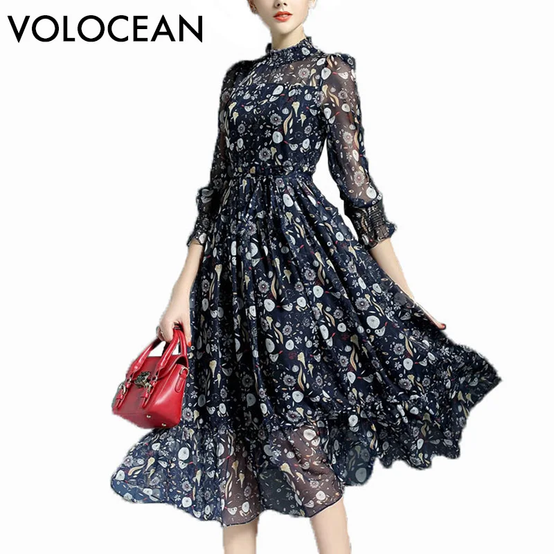 

VOLOCEAN 2019 Maxi Dress For Women Sweet Ball Dresses Gown Flower Print Dresses Women Slim Elegent Vintage Silk Female Dress