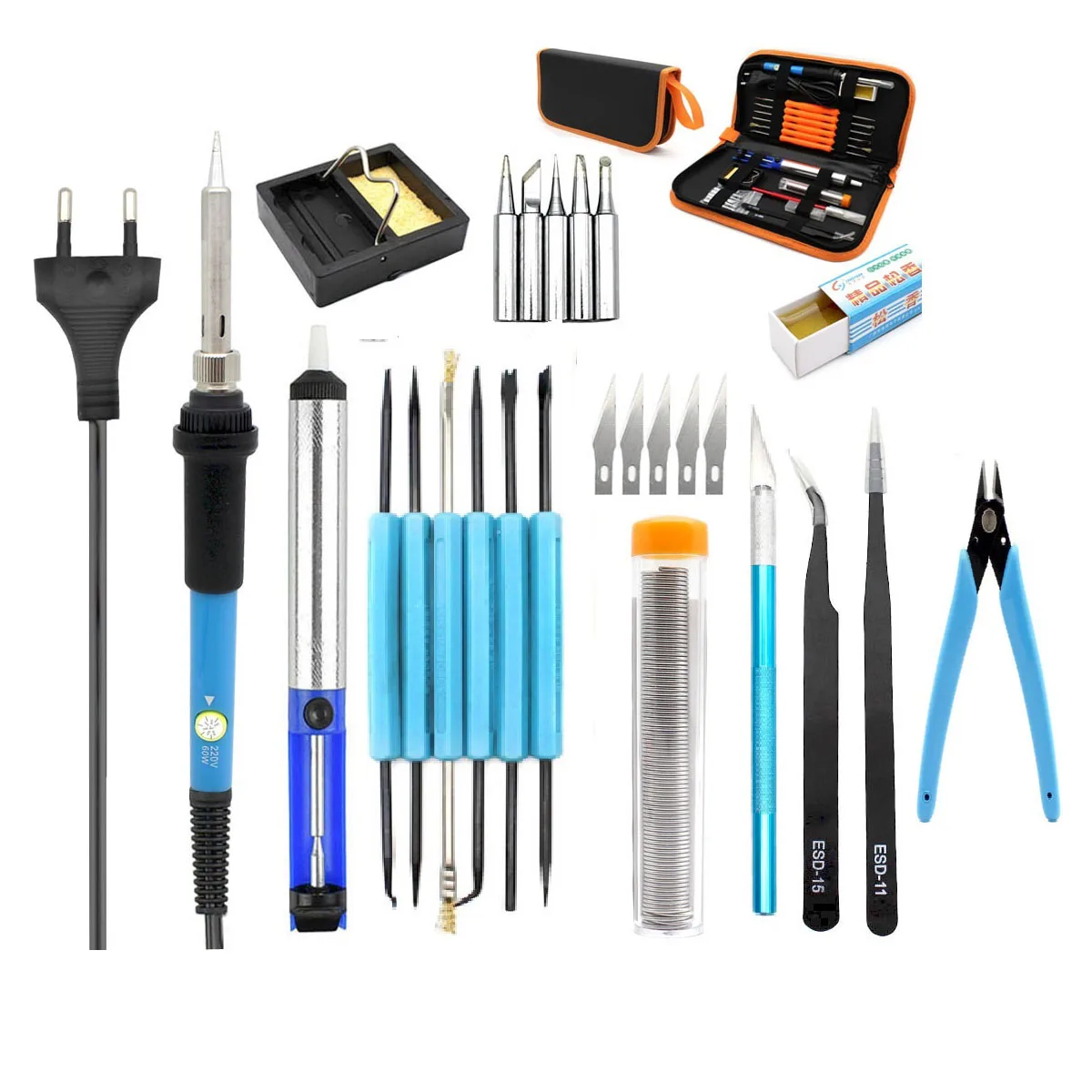 Eu Plug 220V 60W Adjustable Temperature Electric Soldering Iron Kit Desoldering Pump Tin Wire Pliers Welding Tools Storage Bag |