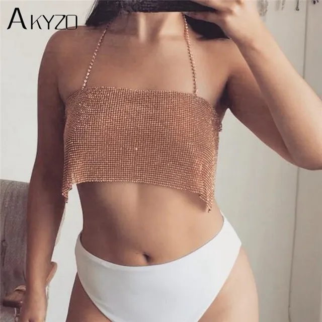 gold AKYZO стразы, металлическая цепочка, одежда для вечеринок, майки, сексуальные, с вырезами, регулируемая грудь, серебро/золото, для ночного клуба, пляжные Топы для женщин - Цвет: gold