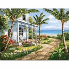 Maison de plage bricolage plein de diamants broderie paysage peinture 3d icônes mosaïque artisanat patchwork forage carré diamants couture