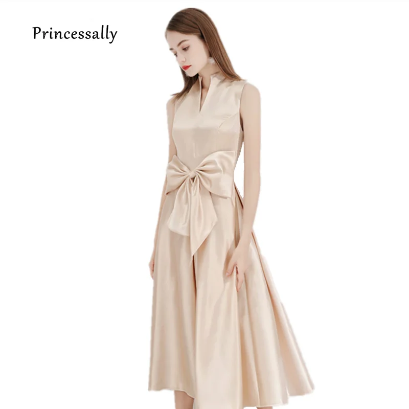 

New Satin Evening Dress Classy Elegant Tea-length With Big Bow Simple Formal Graduation Birthday Prom Gown For Daily Parties