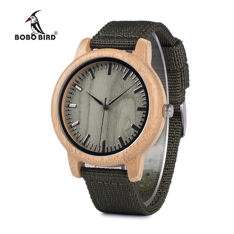 BOBO BIRD Mens Natural Wood Bamboo Watches Womens Vintage Wooden Watch relogio masculino Green Dial Nylon Strap in Wood box