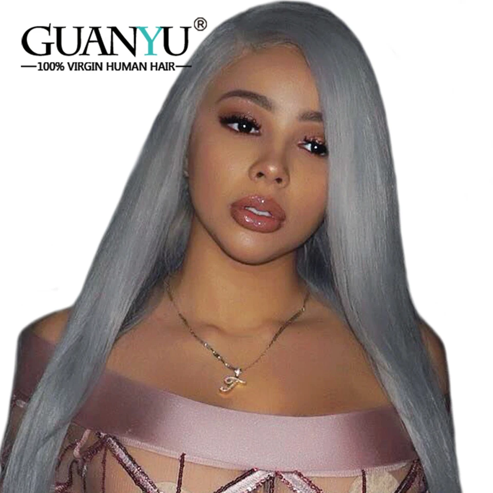 Guanyuhair Silver Grey Full Lace Wigs Human Hair Remy Straight Pre Plcuked Bleached Knots Lace Wig With Baby Hair 150% Density