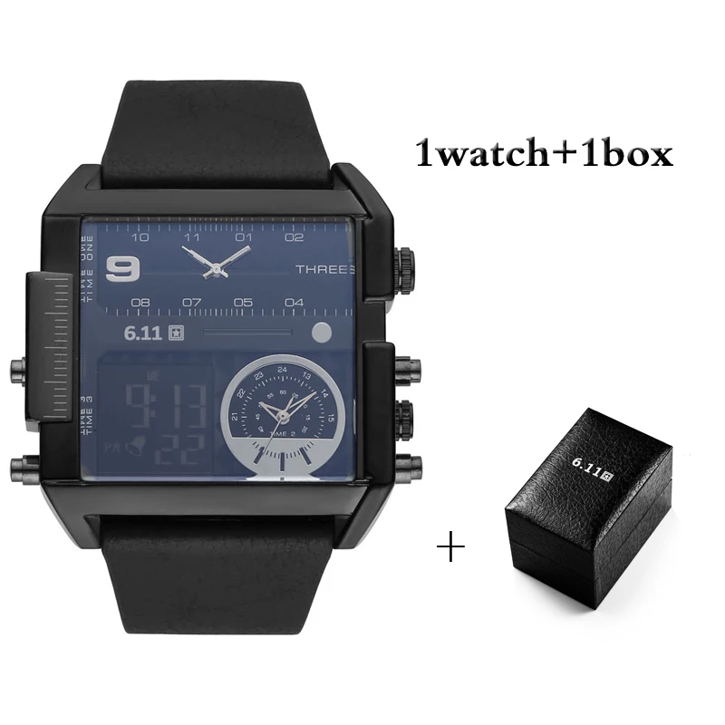 

6.11 Luxury Brand Mens Square Watch Fashion Multiple Time Zone Watch Waterproof LED Digital Watch Men Sport Watch with Box