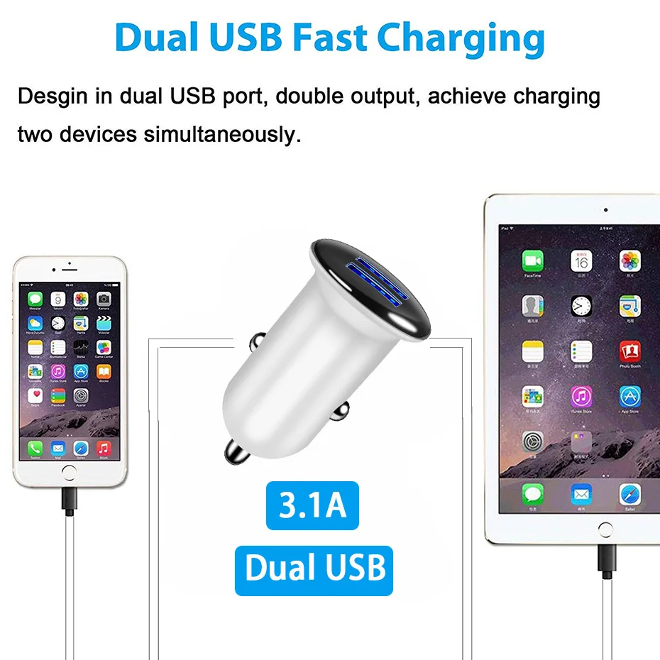 Автомобильное зарядное устройство с двумя USB портами 5 В 3 1 А макс. для iphone X 8 7 Plus