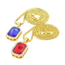 Helado-Out Bling Rhinestone Collares Conjunto Rojo/Azul Piedra Enlace Colgante y Cadena Para Hombres 2015 Nuevo para hombre de Hip Hop de la Cadena